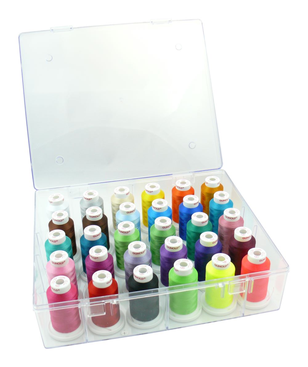 Acryl-Garnbox mit 30 Konen Stickgarn gefüllt